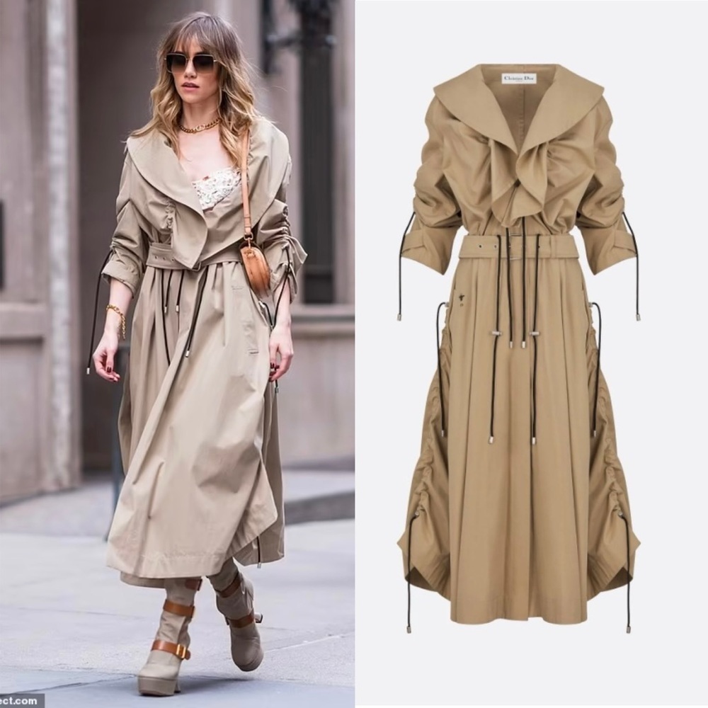 Christian Dior 2023 Trench Coat With Ruffles Beige Cotton Gabardine  Size 2